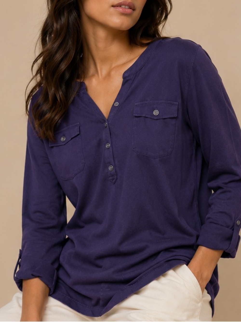Karen Scott Purple Roll Tab Sleeve Henley Top Women's XL